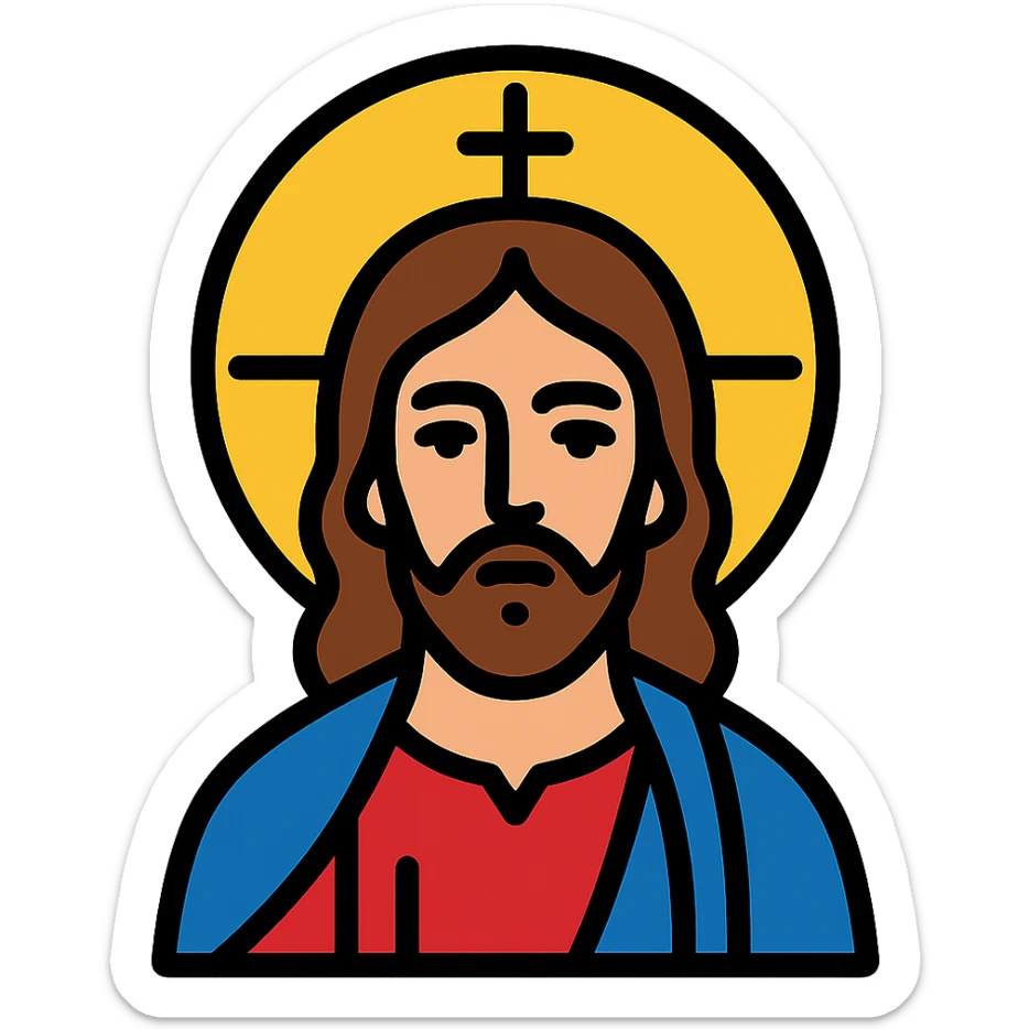 Jesus icon style with gold accents, traditional Christian iconography, solemn expression sticker