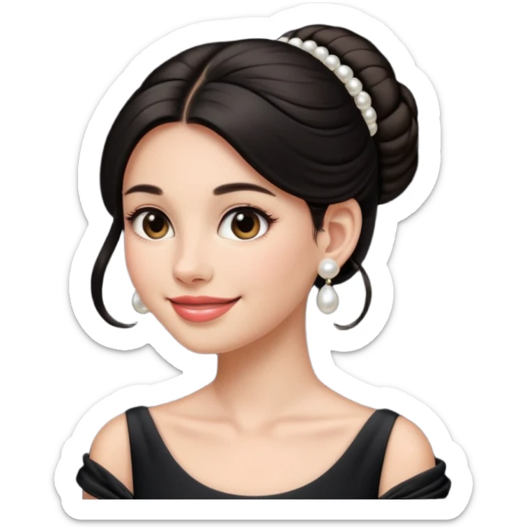 young elegant lady emoji, long dark hair in a chignon, pearl earrings, black dress, graceful smile sticker