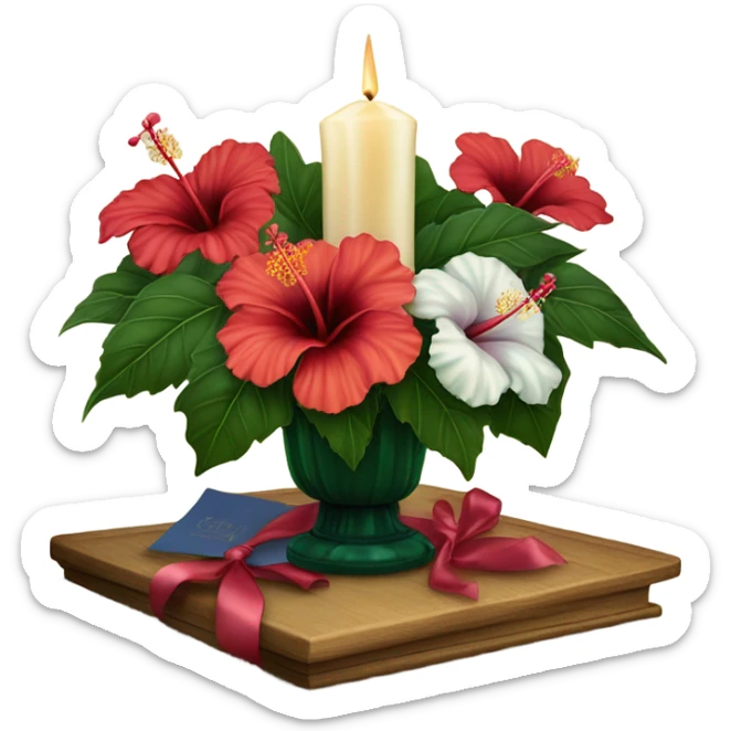 A vintage floral arrangement of hibiscus with a satin ribbon and a candlelit setting
 sticker