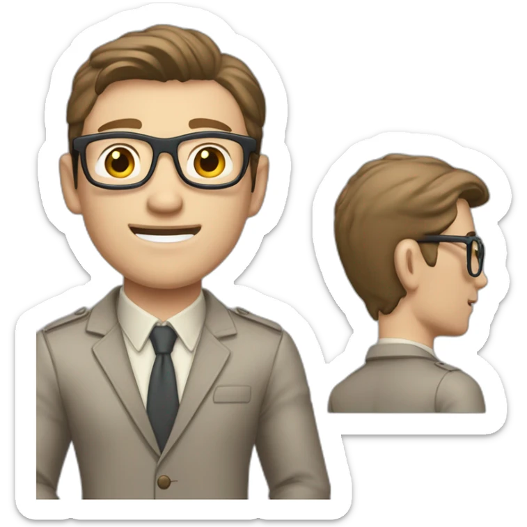 Crickering Pale skinned Fit Man With dark brown hair in gray jacket, beige office shirt, Brown pants and vintage glasses In the joke cap sticker