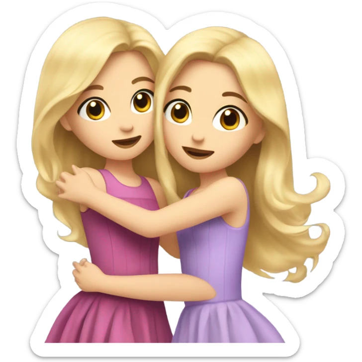 a girl with brown long hair makeup hugging a girl with blonde hair and both in dresses sticker