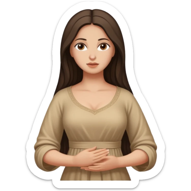 fullbody Mary Magdalene, buxom and fit figure, very pretty detailed face, plain light tan dress, arms down, no hood, dark hair sticker