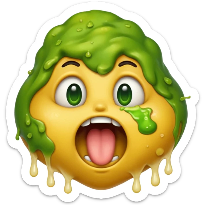 classic yellow puking face emoji, eyes squinting, mouth wide open, lots of green vomit, very expressive, closely matching the reference image sticker