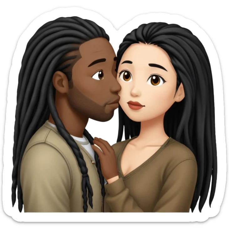Asian Woman with long hair kissing a black guy with dreads no beard sticker