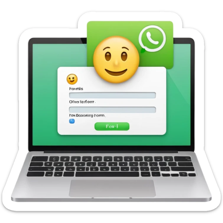 A emoji-style illustration of a laptop front facing with its screen showing onboarding form. On the screen, display a small white form card with a few input fields no labels. Add a bright green button at the bottom of the card no label. fix the keyboard letters. sticker