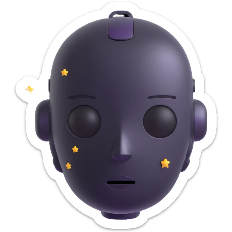 minimalist 3D cartoon-style icon of a dreaming robot head with eyes closed, soft features, small stars floating around, simple clean lines sticker