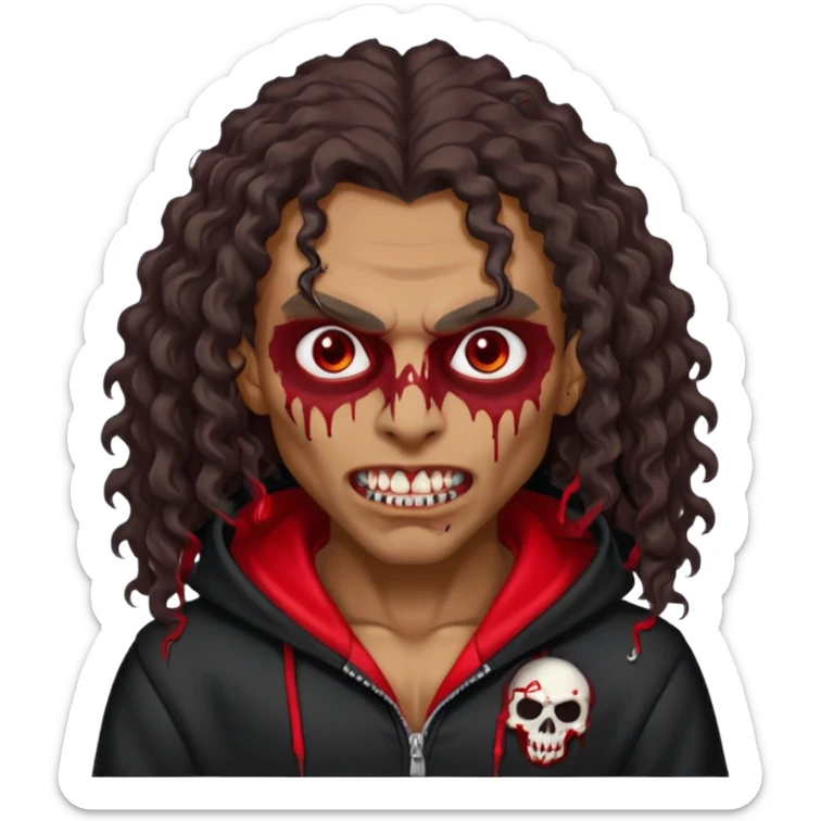 Vampire wearing black hoodie with a skull logo on it, long curly hair, brown skin, fanged teeth, blood under eye sockets/forehead, piercings on eyebrows and long curly hair with a patch (section) of red sticker
