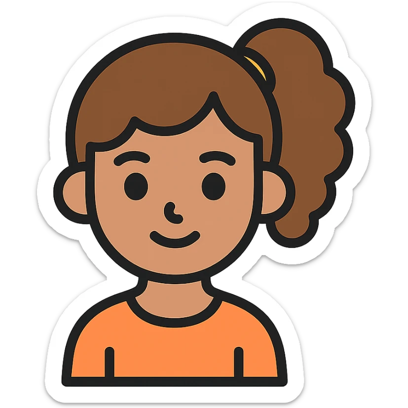 girl with brown curly hair in a ponytail, brown eyes, brown hair, color outline icon sticker