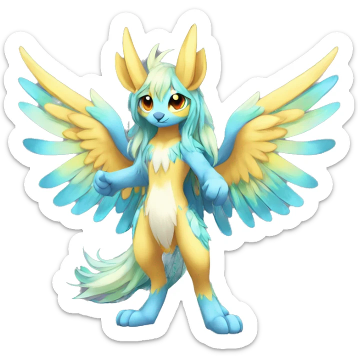 Anthro Sona Cool Cute Colorful Shy Winged Shiny Fakemon-Fantasy-Creature With Long Hair-Mane Full Body sticker