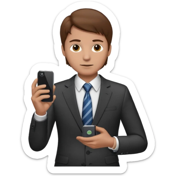 Un hombre de traje con tez clara pelo color castaño, vestido con traje camisa y corbata y celular en mano .  sticker