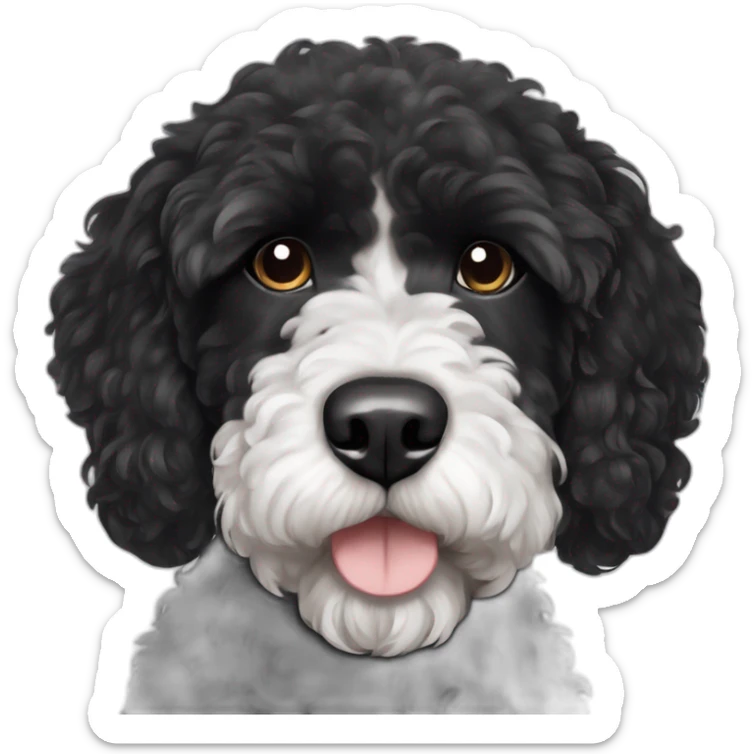 black body Portuguese water dog with white chin and chest sticker