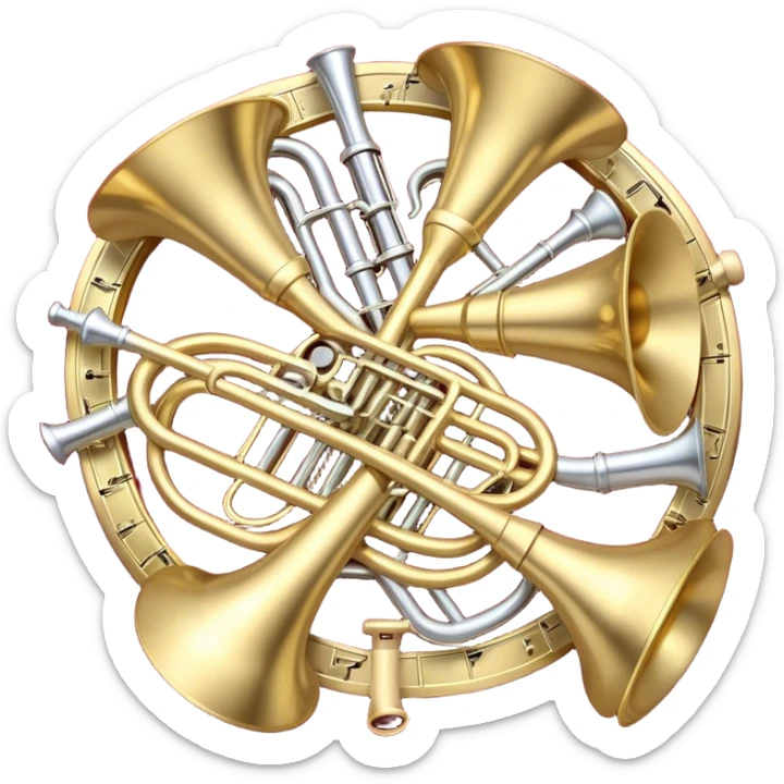Create a festive and elegant emoji collage featuring a bouquet or fan of brass instrument bells (trumpets, saxophones, trombones, tubes, etc.) arranged in a radiant, symmetrical pattern. The instruments should have polished, golden and silver finishes, with their large, shiny bells forming a beautiful, fan-like display. Include a flowing ribbon of musical notes swirling through the center, conveying movement and melody. The background should feature a deep red velvet texture, adding a touch of luxury and sophistication. The overall composition should be balanced, with an elegant and regal feel, with a transparent background to keep focus on the instruments and musical elements. sticker