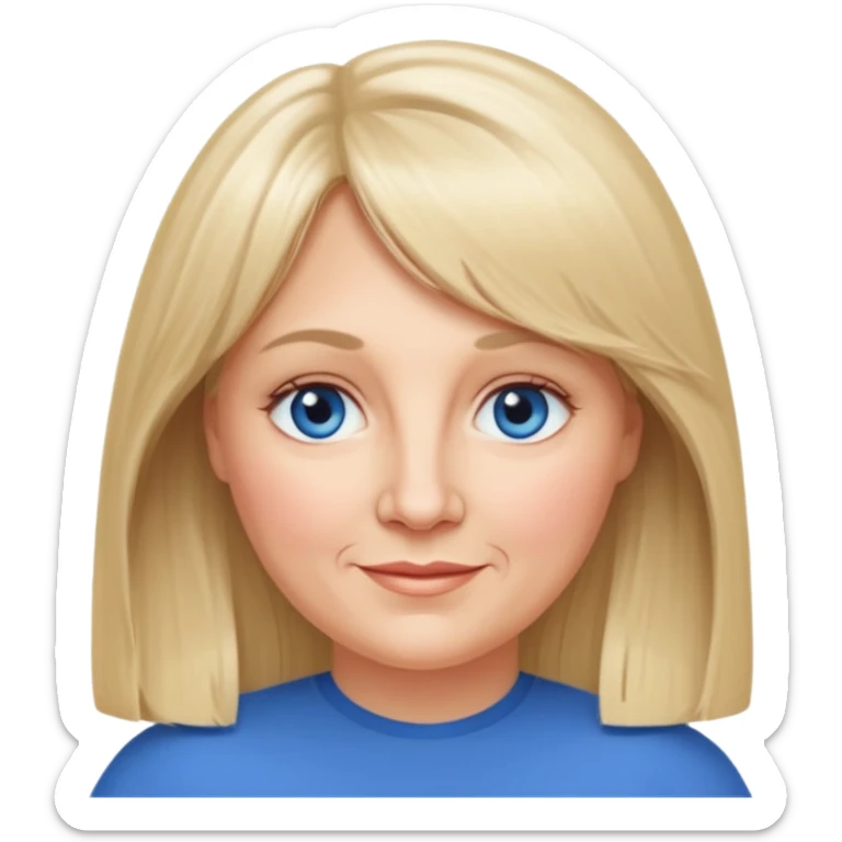 50 yr old white woman, curtain bangs, very long straight blond hair, oval face, small smile, blue eyes, slightly chubby face sticker