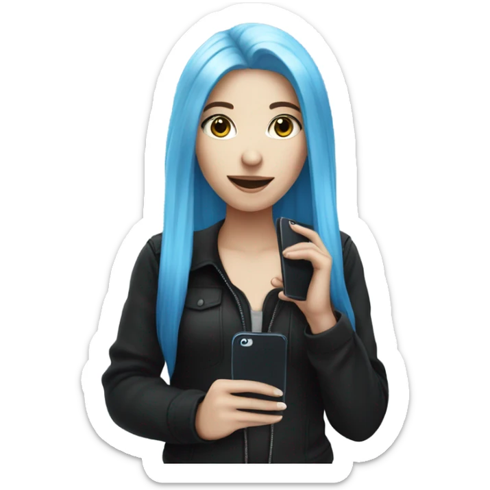 white skin girl with long blue hair in black clothes holding a phone sticker
