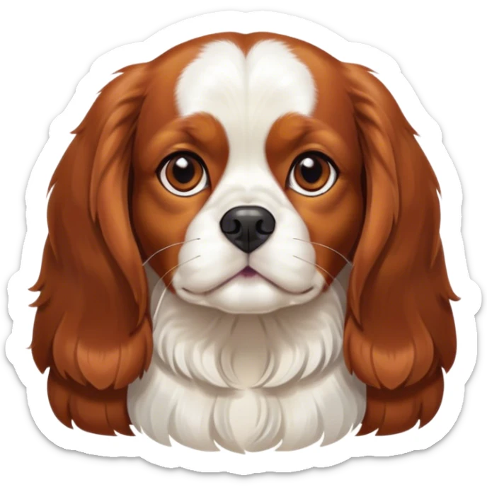 Cinematic Noble Blenheim Cavalier King Charles Spaniel Portrait Emoji, Poised and regal, with a graceful, medium build and a well-groomed Blenheim coat featuring rich chestnut and white markings, soulful brown eyes, Simplified yet sharp and sophisticated features, highly detailed, glowing with a soft, dignified glow, high shine, intelligent and affectionate, stylized with an air of elegance, focused and attentive, soft glowing outline, capturing the essence of a watchful and refined companion, so majestic it feels as though it could step out of the screen with effortless authority! sticker