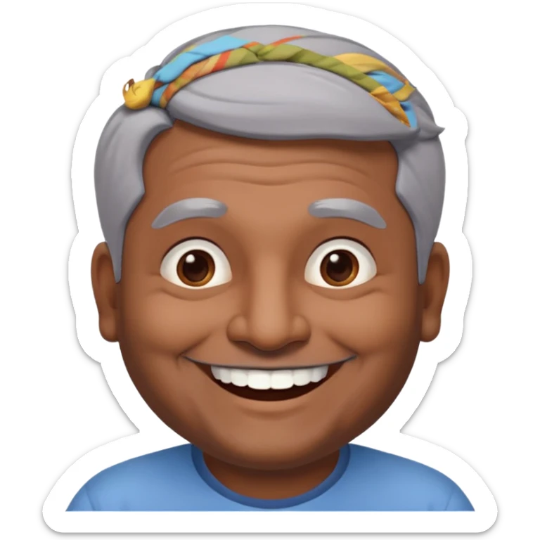 50 yr old indian man, dark skin, grey hair, big smile, white teeth, chubby, no moustach sticker