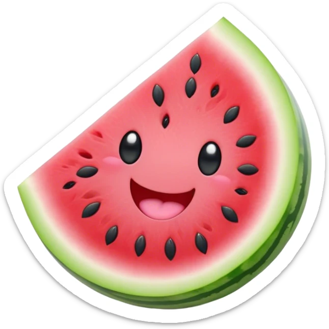 Cute Kawaii Watermelon Slice, juicy and vibrant, soft pastel green rind with pink flesh, tiny black seeds shaped like hearts, an adorable happy face with cute round eyes, bursting with summer energy! sticker