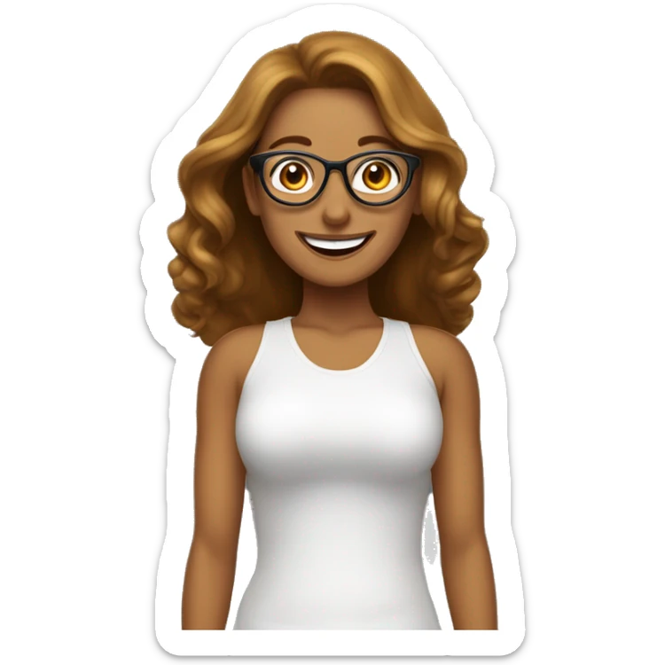 mujer adulta con gafas piel blanca sonriendo car perfilada, ojos marrones grande cabello castaño y con iluminaciones doradas en elcabello sticker