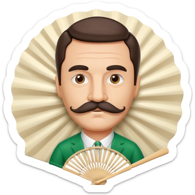 Folding paper fan with an Italian man with mustache printed as decoration on the fan surface sticker