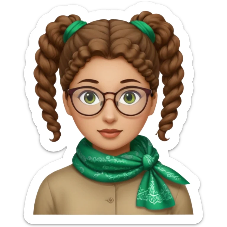 iranian woman, tight curly light brown hair in one high pony tail, glasses, green eyes, pretty, oval shape face, no hajib, scarf on neck sticker