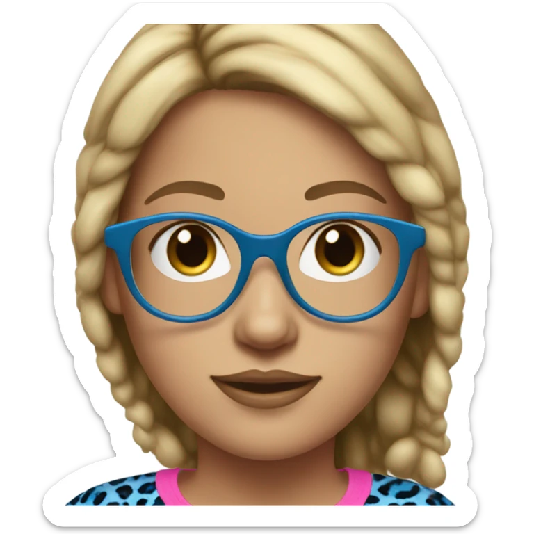 a blonde brown hair girl with blue leapard glasses and pink top sticker