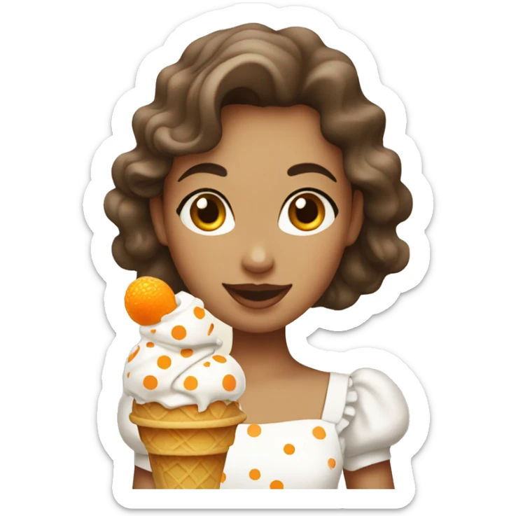 A girl wearing a white dress with orange polka dots and eating Magnum ice cream sticker
