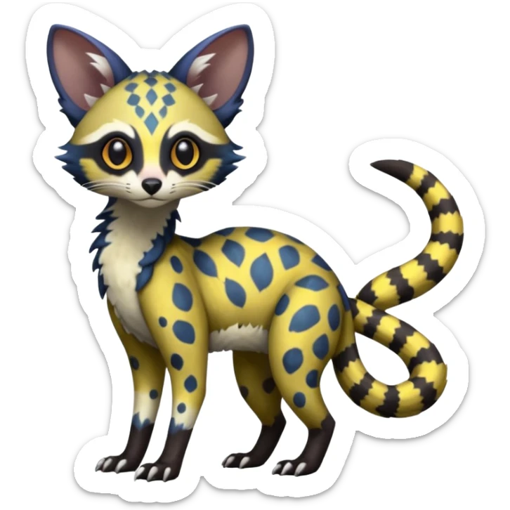 Rare realistic warm-colored lush exotic cute edgy epic aesthetic gloomy spooky dark modern colorful cyber-Genet-Trico-species-Fakemon-hybrid-creature, with beautiful intricate markings, full body sticker