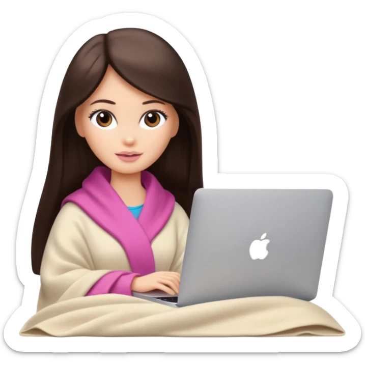 Barbie girl with a long straight dark brown hair inside a pale beige blanket working macbook  sticker