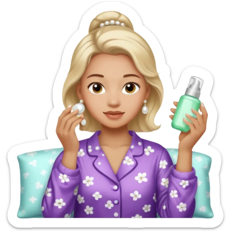 Clean girl aesthetic emoticons, apply skincare products, pearl earrings, glowing skin, pajamas, soft lighting sticker
