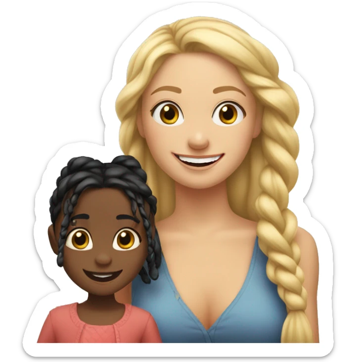 An emoji of a blonde mother with very long hair and a cheerful expression, standing next to her 3-year-old daughter, a small girl with black hair styled in two braids, both smiling happily together sticker