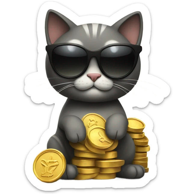 cat in brutal dark glasses with a bag of gold coins sticker
