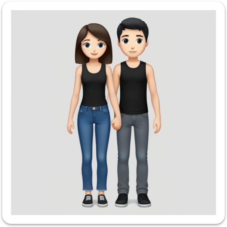 A girl with long brown hair holding the hand of a boy with short black hair, she wearing a black tank top with flared blue jeans, he wearing a black t-shirt with grey jeans, couple in love sticker