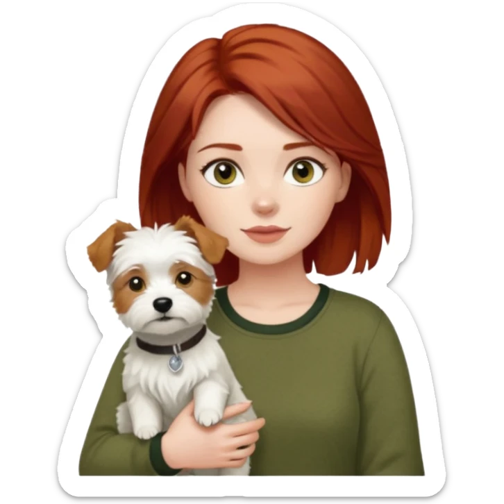 Westhighland white terrier dog being held by woman with dark shoulder length red hair and hazel eye wearing olive green top sticker