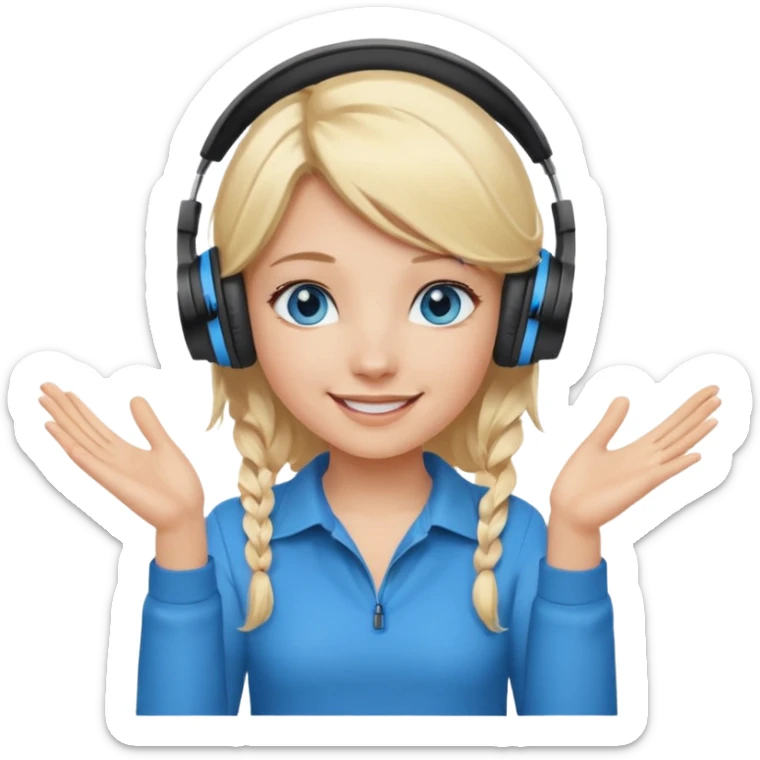 girl with blonde hair and blue eys with heands telling what, having heaphones on head sticker