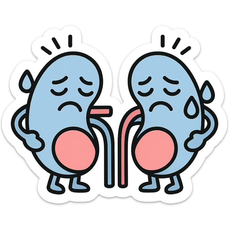 cartoon kidneys with stress lines and sweat, holding their sides, tired eyes, soft blue and pink tones, medical style sticker