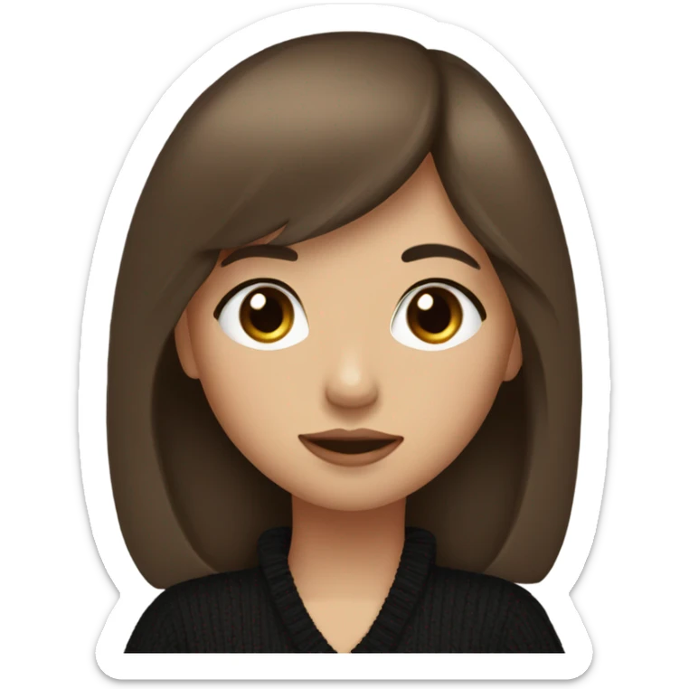 A girl with brown eyes, full lips, long brown hair with bangs, wearing a black sweater sticker