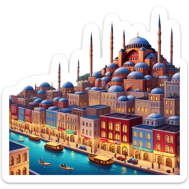 Cinematic Realistic Istanbul Pop Culture Emoji, depicted with a vibrant portrayal of the bustling cityscape rendered with lively textures and energetic, urban lighting. sticker