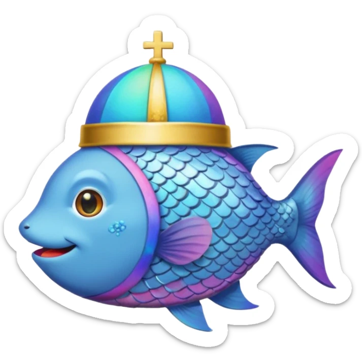 Rainbow fish with the pope-hat and a brown cat coming out of his mouth sticker
