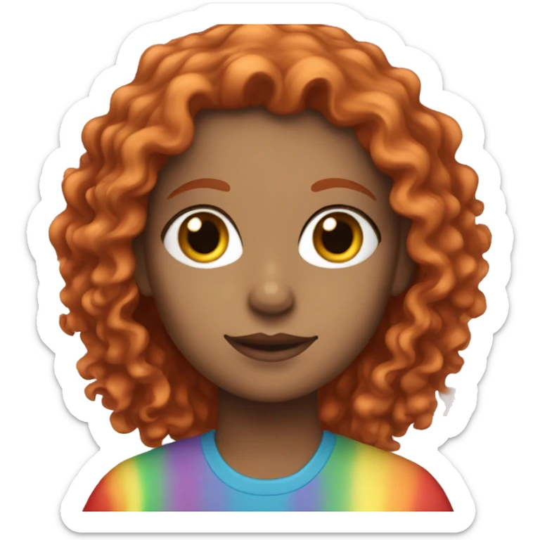 white girl with a rainbow shirt and a red curly hair sticker