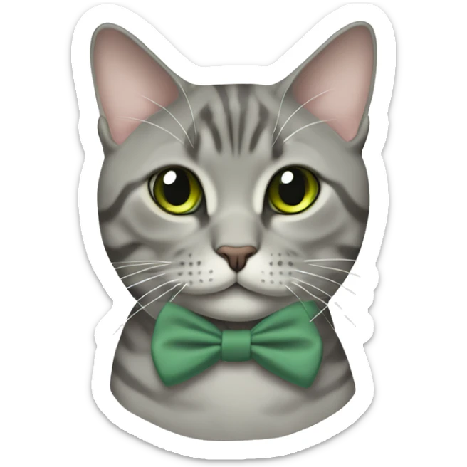 Aesthetic fat grey tabby British short hair full body cat with sage green bow tie sticker