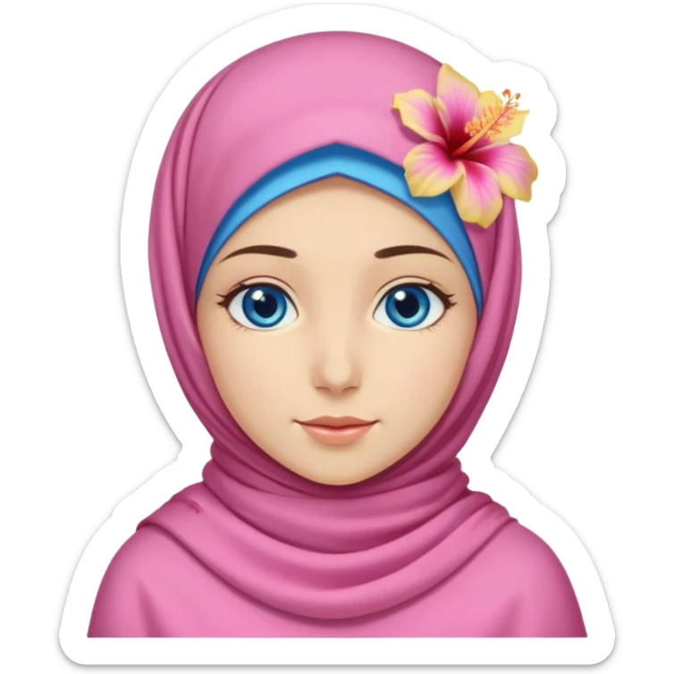 Turkish beautiful finish Konya girl blue eyes with pink yellow summer hijab islamic dress and had on her hijab hibiscus flower sticker