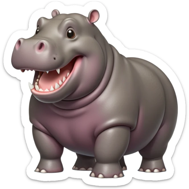 cinematic-hippo-realistic-full-body side view-standing on all fours-emoji,-massive-round-frame,-wide-mouthed-grin-exposing-huge-teeth,-head-tilted-dramatically,-thick-greyish-brown-hide-glossy-from-water,-simplified-yet-realistic-focused-features,-highly-detailed,-glowing-with-an-almost-sarcastic-glow sticker