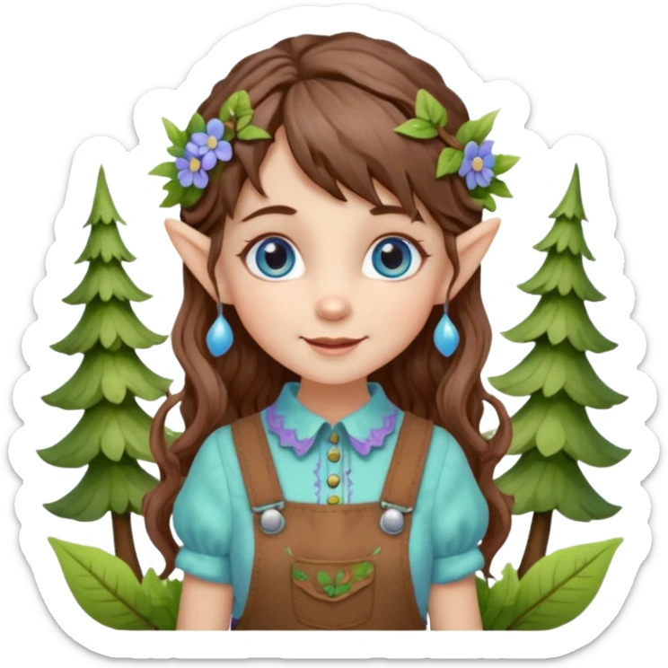 Kind happy whimsical quirky Girl toymaker, wood carving elf. Woodland nature creator. Blue eyes. brown hair (short — inch longer than chin length) wavy hair & bangs. Whimsical playful cute. Overalls with nature embroidered cute shirt collar. Light green, light purple and light blue colour aesthetic  sticker