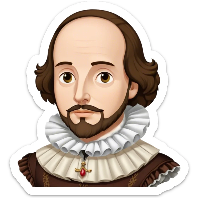 Cinematic Realistic portrait of William Shakespeare, depicted as an iconic playwright in richly detailed Elizabethan attire with a ruffled collar, expressive eyes, and a thoughtful gaze, bathed in dramatic historical lighting that evokes the Bard’s timeless legacy sticker