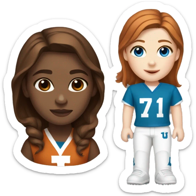 Brown hair, pale skin, blue eyes, woman. Wearing University of Texas Longhorn clothes sticker