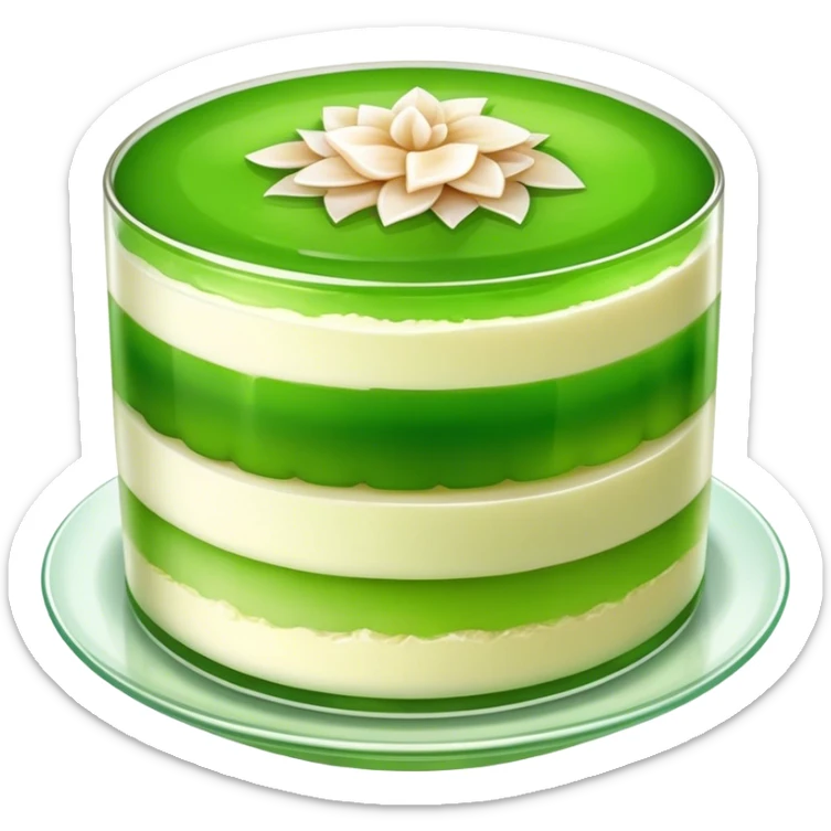 Coconut Pandan Jelly Cinematic Realistic Coconut Pandan Jelly Dessert Emoji, depicted as a layered jelly with distinct strata of coconut and pandan flavors, rendered with delicate textures and vibrant, tropical lighting. sticker
