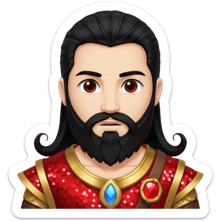 Mars, God of War from Gods and Goddesses with long black hair and beard, red and black sequin outfit, light tan skin sticker