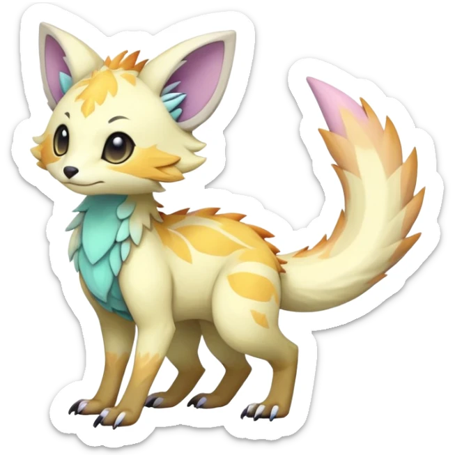 Rare realistic exotic pastel cute epic pretty beautiful handsome gorgeous aesthetic colorful vibrant Vernid-Trico-species-Fakemon-creature by LiLaiRa, 4 legs, 1 tail, random markings, (full body) sticker