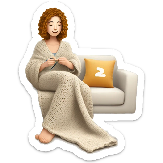 26 year old white woman with wavy hair. She is crocheting a garment with a crochet hook and ball of yarn is near her. She is laying on the couch, under a blanket that covers her body and legs. Near her there is a cup of tea sticker