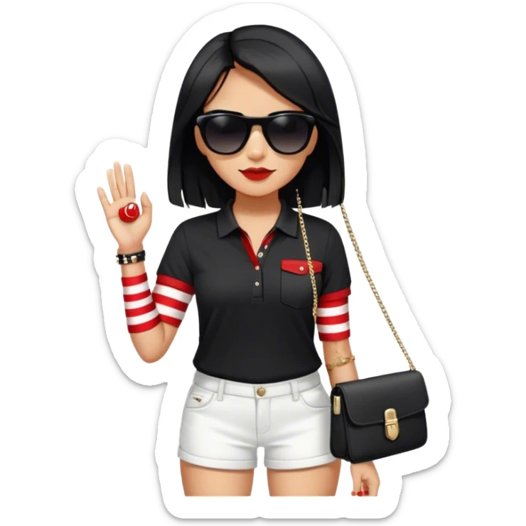 She wears a black Polo - shirt adorned with red - and - white stripes on the sleeves, paired with simple white shorts. Her long, jet - black hair, and the black sunglasses . With a black chain - strap bag slung across her body and accessories glinting on her wrist sticker